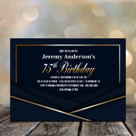 Convites Festa de aniversário 75ª Dourada azul sofisticada