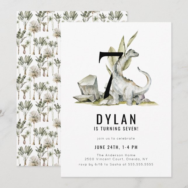Convites Festa de aniversário 7 do Tema do Dinossauro (Frente/Verso)