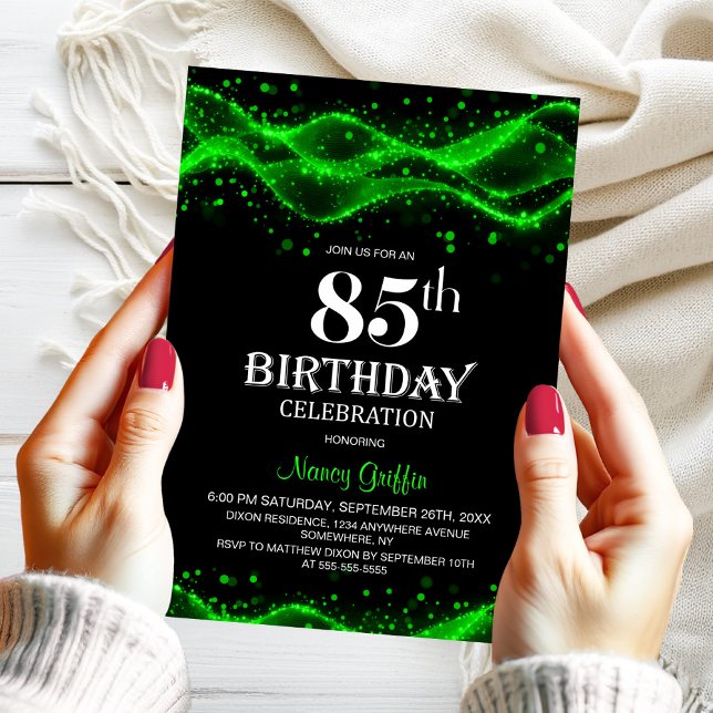 Convites Festa de aniversário 85 preto moderno e verde (Criador carregado)