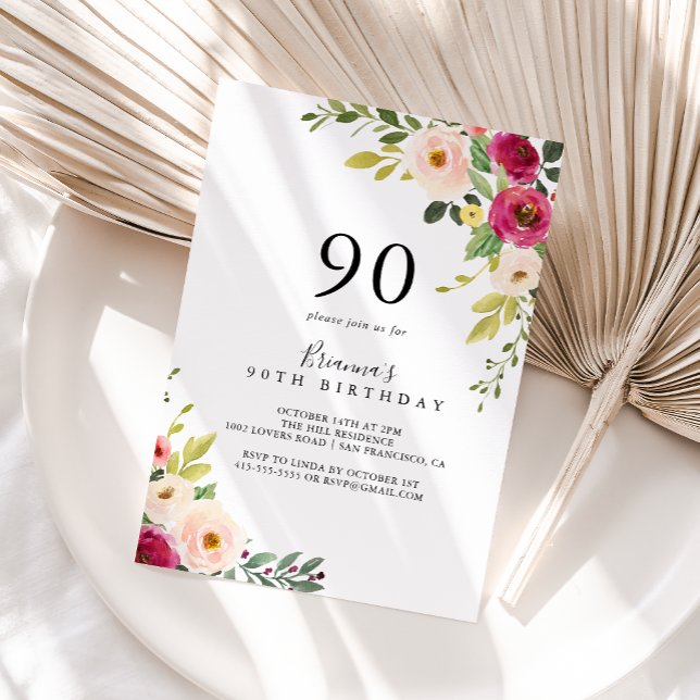 Convites Festa de aniversário 90 Floral Cor-de-rosa-verde (Criador carregado)