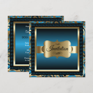 Convites Festa de aniversário 90 | Metálico Azul e Dourado