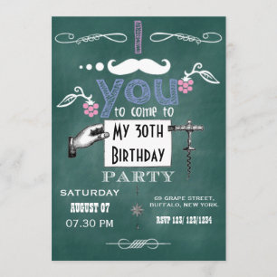 Convites Festa de aniversário adulta com bigode vintage em