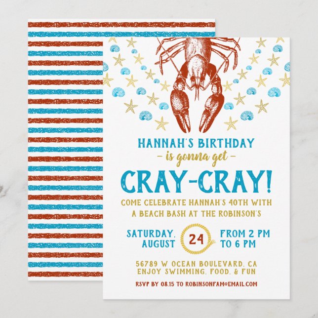 Convites Festa de aniversário Adulta do Crayfish da Praia N (Frente/Verso)