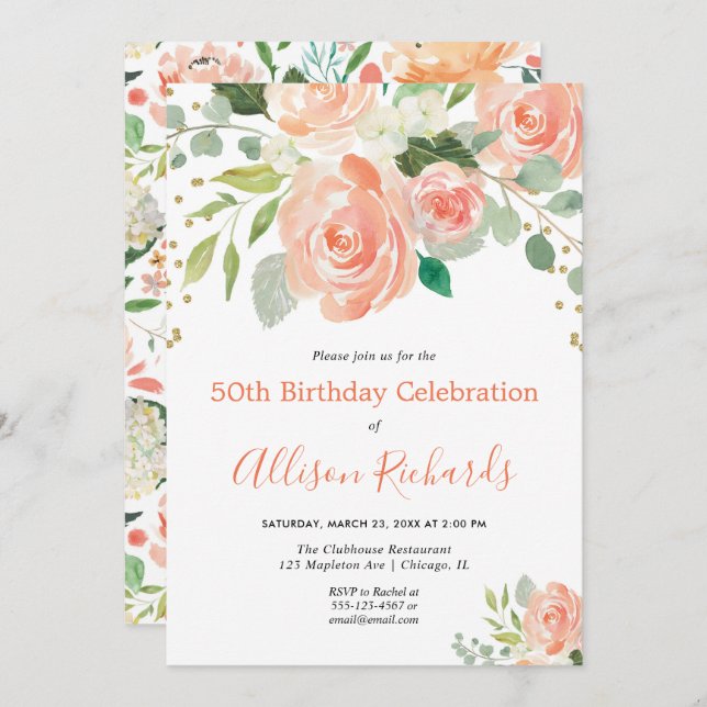 Convites Festa de aniversário adulta elegante de aquarela f (Frente/Verso)