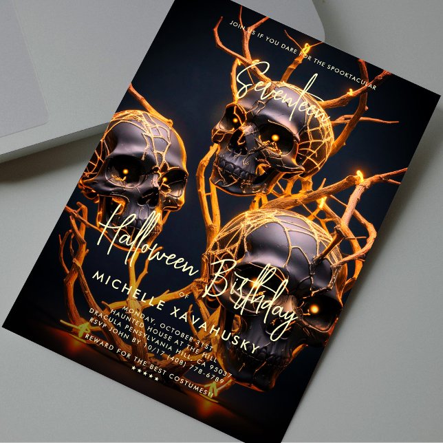 Convites Festa de aniversário Adulta Halloween Neon Skull M (Adult Halloween Birthday Party Neon Skull Modern Invitation
)