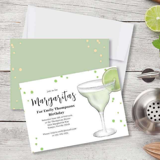 Convites Festa de aniversário Adulto Chic Margarita Bebidas (birthday party invitation with a fun watercolor margarita with a lime.)