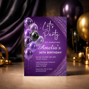 Convites Festa de Aniversário Adulto Roxo e Dourado