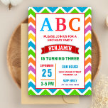Convites Festa de aniversário alfabética Colorida ABC Kids<br><div class="desc">Encontrem seus convidados com este convite de aniversário do tema do alfabeto fofo apresentando uma tipografia vibrante contra uma borda padrão do diafrão. Basta adicionar os detalhes do seu evento neste modelo fácil de usar para torná-lo um convite de tipo único.</div>