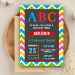 Convites Festa de aniversário alfabética Colorida ABC Kids<br><div class="desc">Encontrem seus convidados com este convite de aniversário do tema do alfabeto fofo apresentando uma tipografia vibrante contra uma borda padrão do diafrão. Basta adicionar os detalhes do seu evento neste modelo fácil de usar para torná-lo um convite de tipo único.</div>