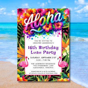 Convites Festa de Aniversário Aloha Tropical Flamingo Luau