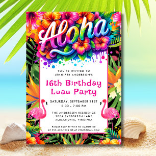 Convites Festa de Aniversário Aloha Tropical Flamingo Luau