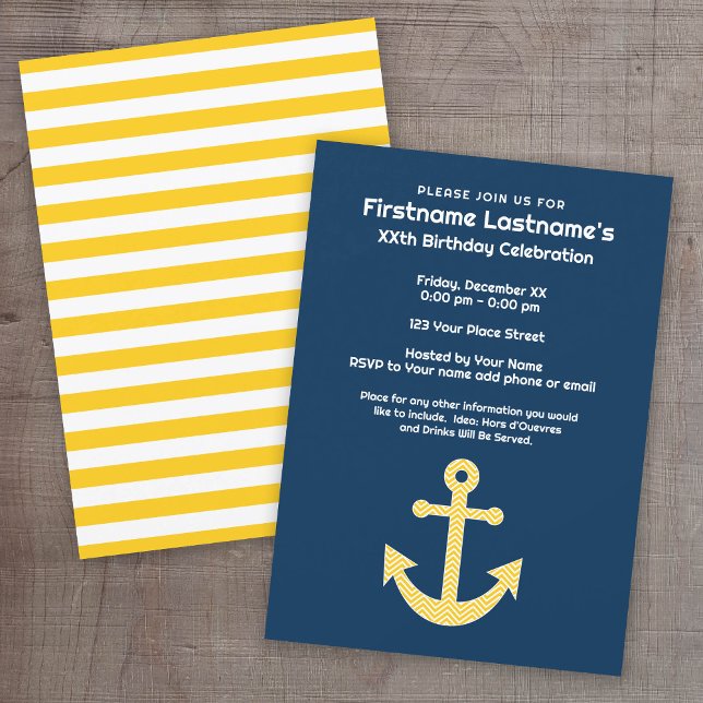 Convites Festa de aniversário Amarelo Marinho Ângulo Náutic (Custom Nautical Party Invitation)