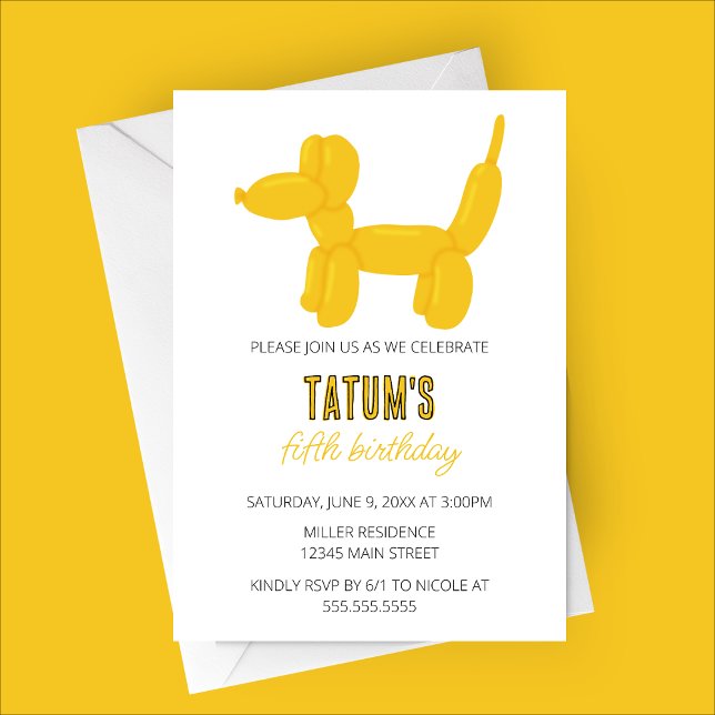 Convites Festa de aniversário Animal do Cão Amarelo (Yellow Dog Balloon Animal Birthday Party Invitation)