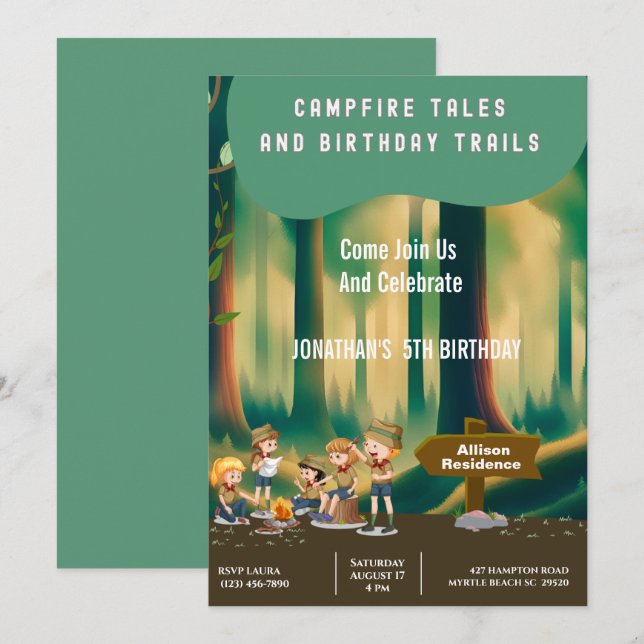 Convites Festa de aniversário ao ar livre de Bonfire Woodla (Frente/Verso)