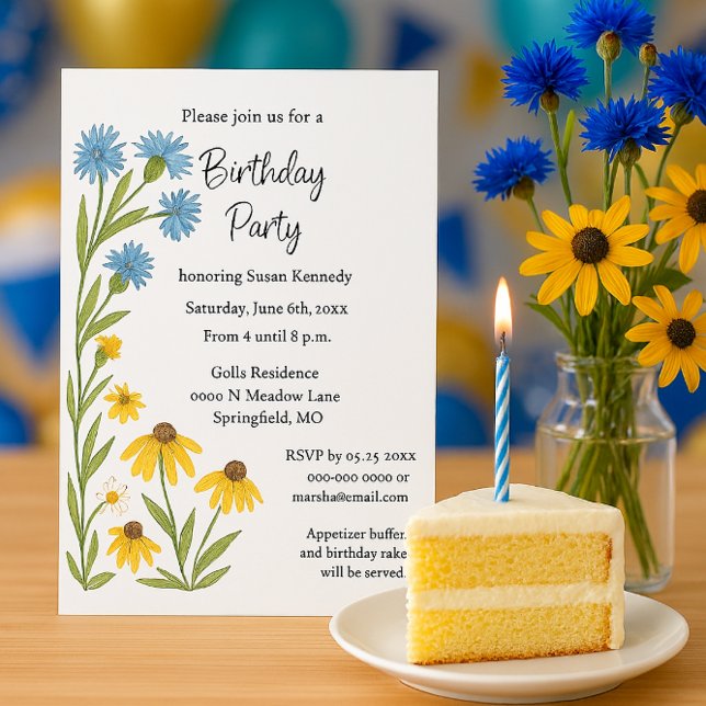 Convites Festa de Aniversário Aquarela Flores Silvestres (Birthday invitation featuring floral, blue, yellow wildflowers, a summer party theme, watercolor )
