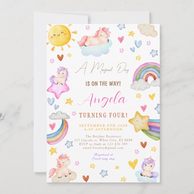 Convites Festa de aniversário Arco-Íris Magnética Unicorn W (Frente)