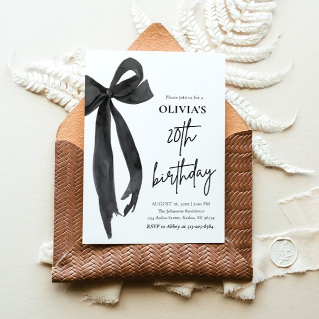 Convites Festa de aniversário Arco Preto Elegante (Watercolor Modern Elegant Coquette Black Bow Photo 20th Birthday Party Invitation)