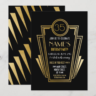 Convites festa de aniversário Art Deco de 1920, Dourada Con
