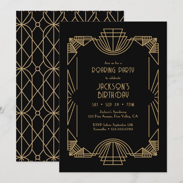 Convites Festa de Aniversário Art Deco / Gatsby / Roaring 2 (Frente/Verso)