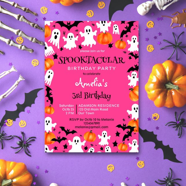 Convites Festa de aniversário assustadora e assustadora do  (Pink Halloween spooktacular birthday party editable template invitation digital download ghosts bats)