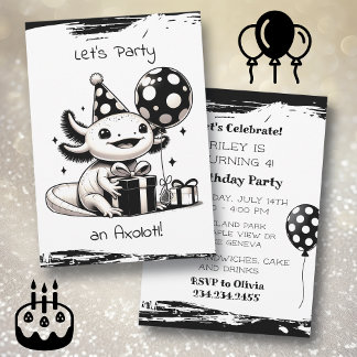 Convites Festa de aniversário Axolotl em preto e branco