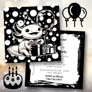 Convites Festa de aniversário Axolotl em preto e branco