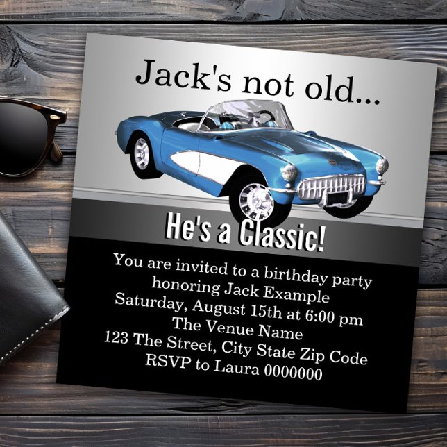 Convites Festa de aniversário Azul Antiquado do Carro (Classic car any number birthday invitation. All text, fonts and wording can be changed as needed.)