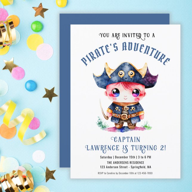 Convites Festa de aniversário Azul Bonito Pirata (Cute Little Pirate Boy Blue Birthday Party Invitation)