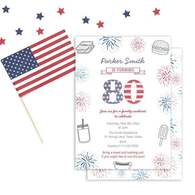 Convites Festa de aniversário Azul Branco Vermelho no Feria (Fun casual red white and blue 80th birthday invitation perfect for a 4th July Birthday)