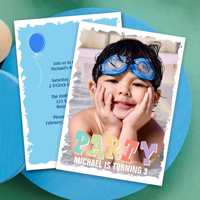 Convites Festa de aniversário Azul de Foto Simples e Cuta d (Make your little one's birthday extra special with adorable invitations featuring their cute photo.)