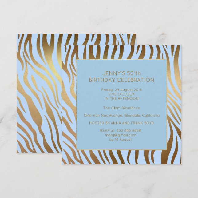 Convites Festa de aniversário azul-Dourada surpresa Zebra (Frente/Verso)