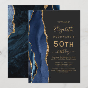 Convites Festa de aniversário Azul Dourado Agate Dark 50th