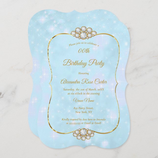 Convites Festa de aniversário Azul Dourado com Diamante bon (Frente/Verso)