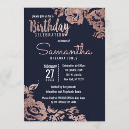 Convites Festa de aniversário azul e Rosa Dourada Floral