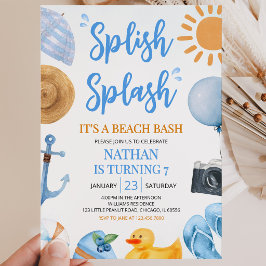 Convites Festa de Aniversário Azul na Praia com Splash