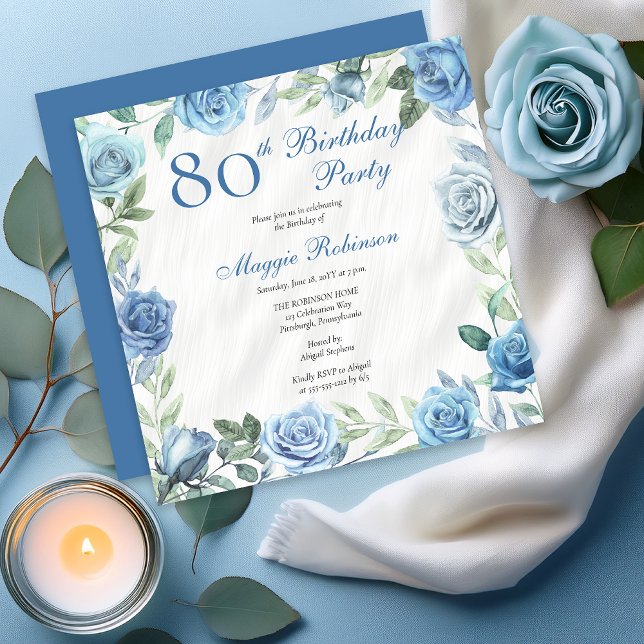 Convites Festa de aniversário azul-Rosa azul-Elegante de qu (Elegant Blue Roses Floral Frame 80th Birthday Party Invitation - Available in Print and/or Digital)