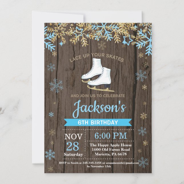 Convites Festa de aniversário Azul Skate de Pele Gelo Convi (Frente)