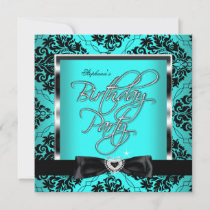 Convites Festa de Aniversário Azul Teal Elite Damasco Prata
