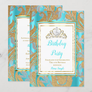 Convites Festa de Aniversário Azul Turquesa Dourado Damasco