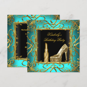 Convites Festa de Aniversário Azul Turquesa Dourado Preto S