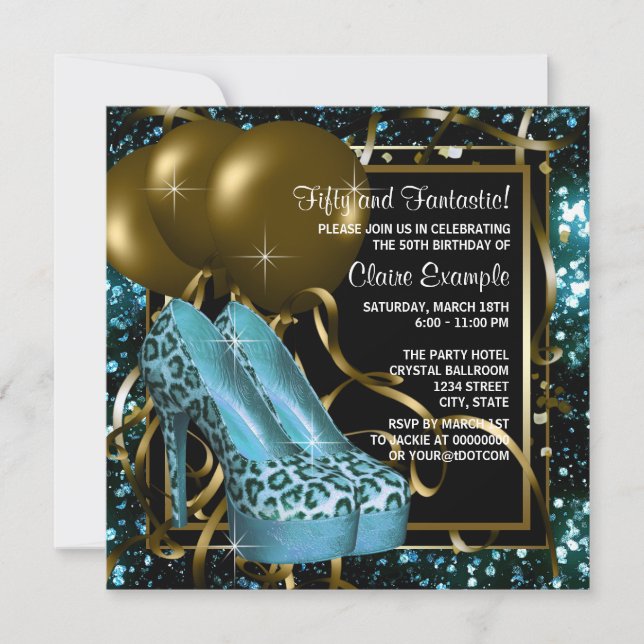 Convites Festa de Aniversário Azul Turquesa e Dourado com L (Frente)
