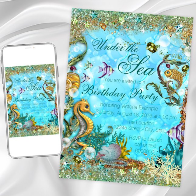 Convites Festa de Aniversário Azul Turquesa Sob o Mar (Pretty gold undersea fish, shells and seahorse on a glittery bubble background. For any occasion.)