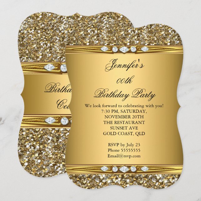 Convites Festa de aniversário B de diamante gigante Dourada (Frente/Verso)