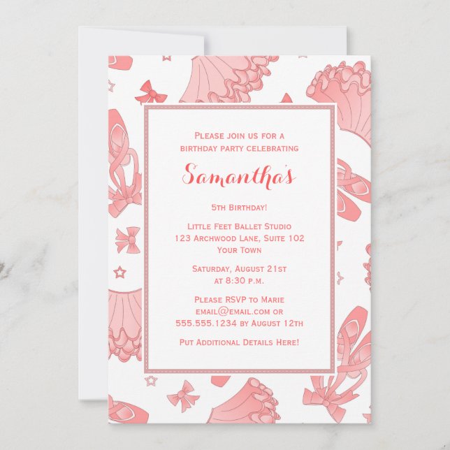 Convites Festa de aniversário Balé rosa e branco (Frente)