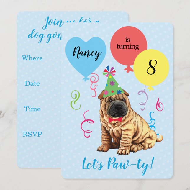 Convites Festa de aniversário Balões Chineses Shar-Pei (Frente/Verso)