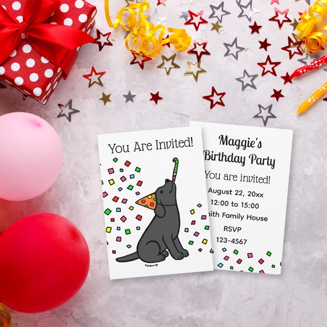 Convites Festa de aniversário Black Labrador Confetti (Black Labrador Confetti Birthday Party Invitation for Labrador Owners.  Cartoon art design.)