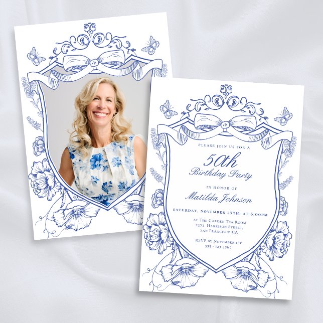 Convites Festa de aniversário Blue Floral Custom Photo 50th (Blue Floral Custom Photo 50th Birthday Party Invitation)