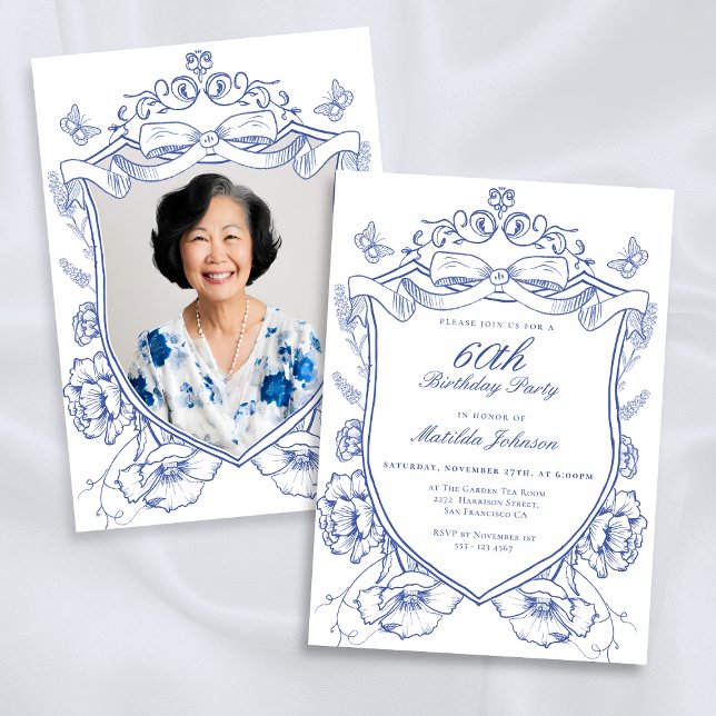 Convites Festa de aniversário Blue Floral Custom Photo 60th (Blue Floral Custom Photo 60th Birthday Party Invitation)