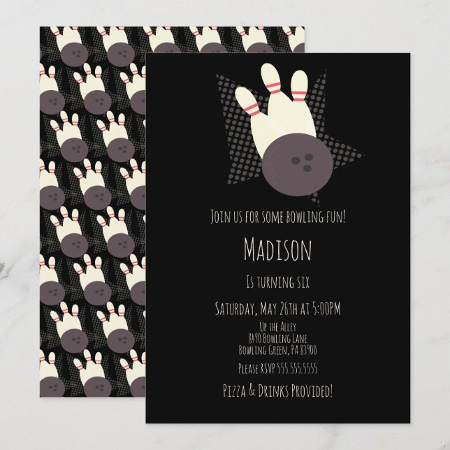 Convites Festa de aniversário Boliche Moderna Preto (Frente/Verso)