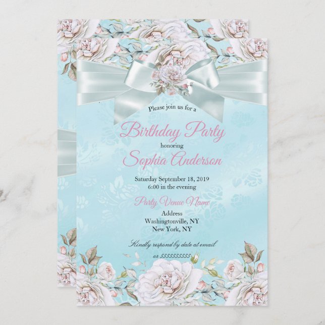 Convites Festa de aniversário bonito azul-palha Rosas verme (Frente/Verso)